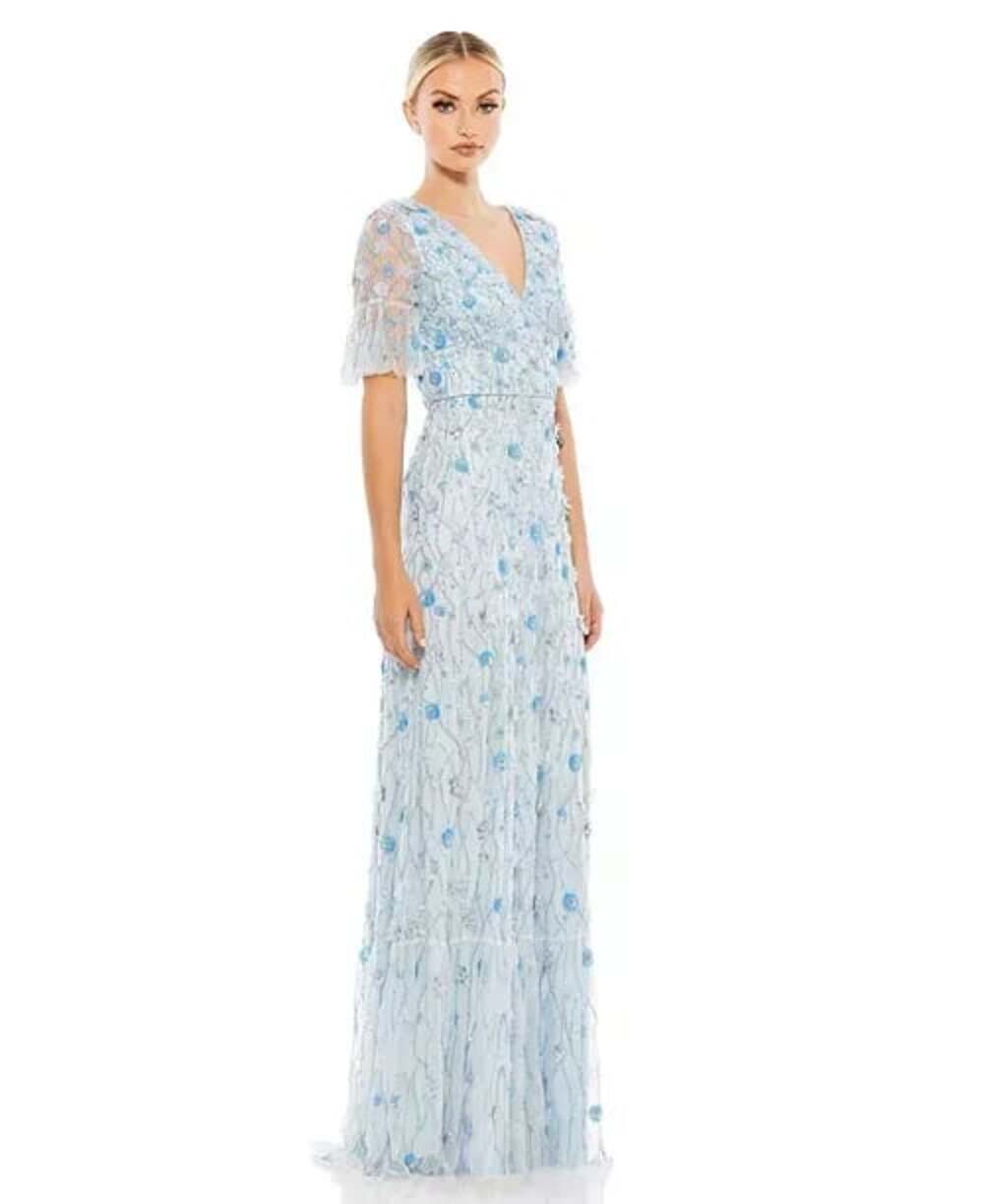 Mac Duggal Floral Embroidered V-Neck Gown Light Blue size 6